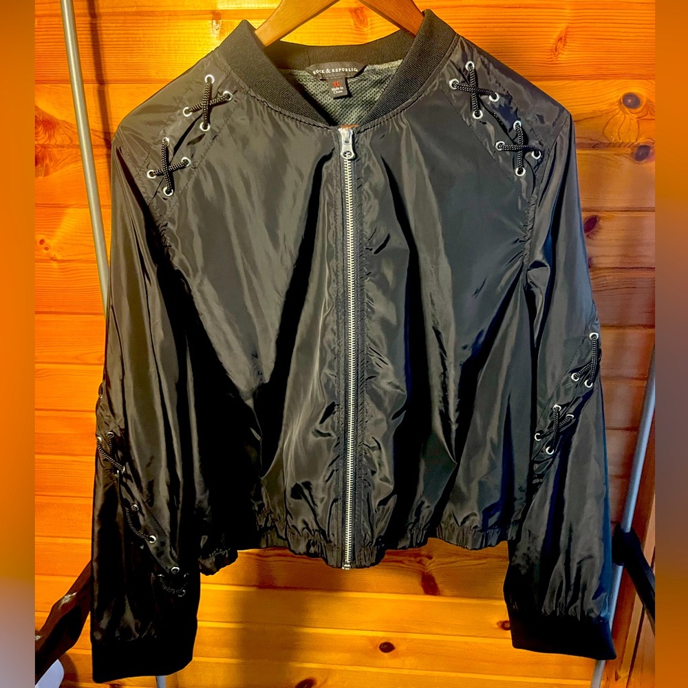 ROCK & REPUBLIC Black Nylon Shoelace Bomber Jacket